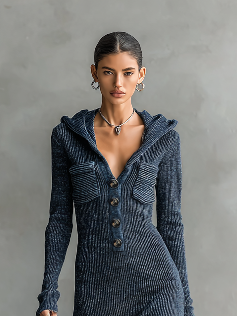 Sloane | Hooded Ribbed Knit Button Front Slim Fit Maxi Dress for Women