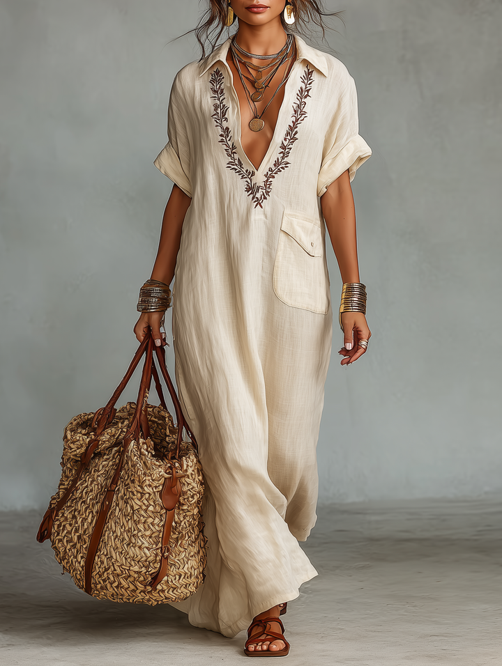 June | Beige Linen Embroidered V Neck Shirt Maxi Dress