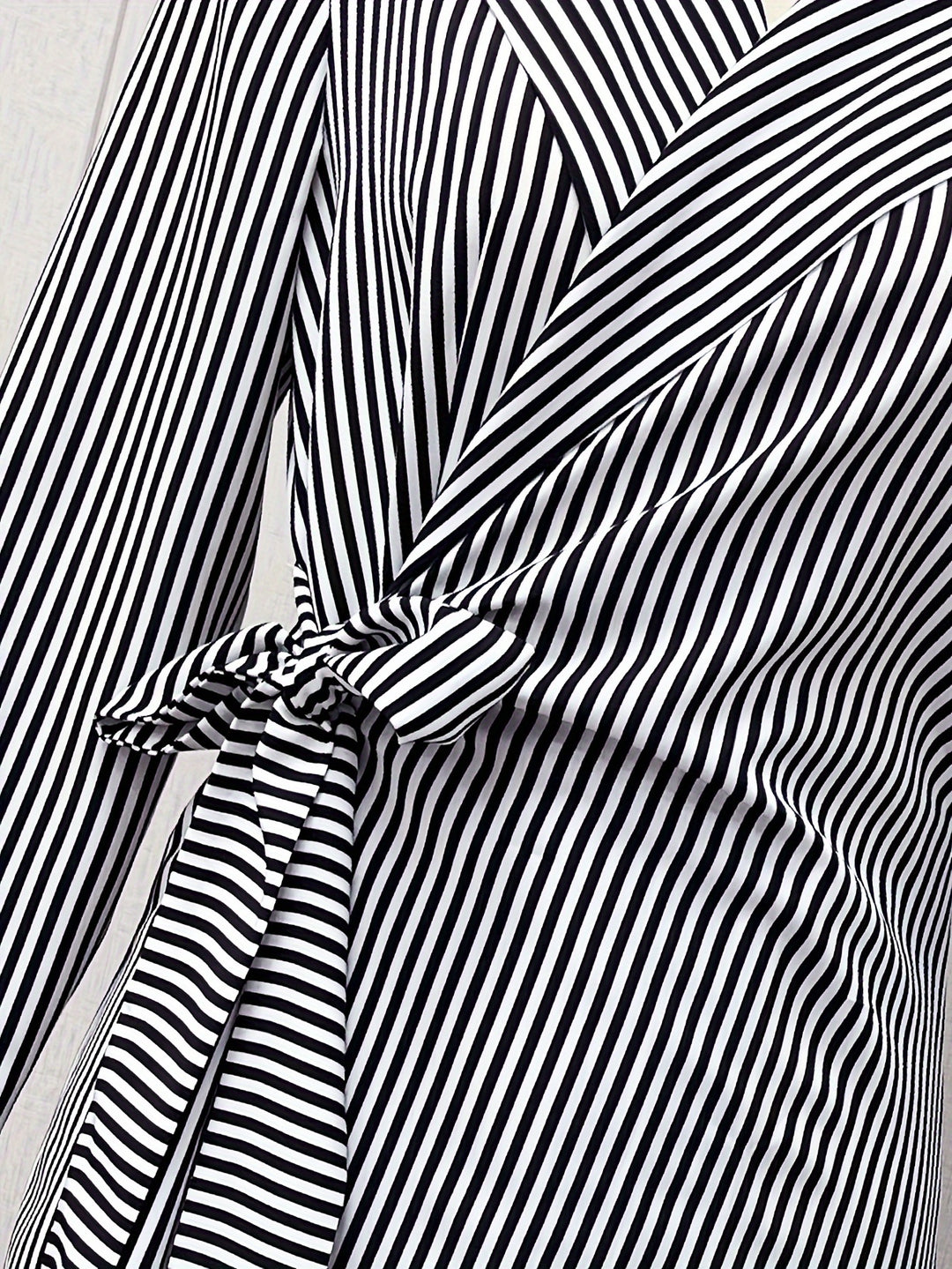 Women's Black White Striped Collared Mini Wrap Dress