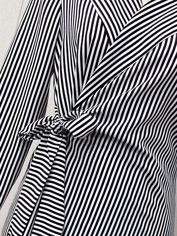 Women's Black White Striped Collared Mini Wrap Dress