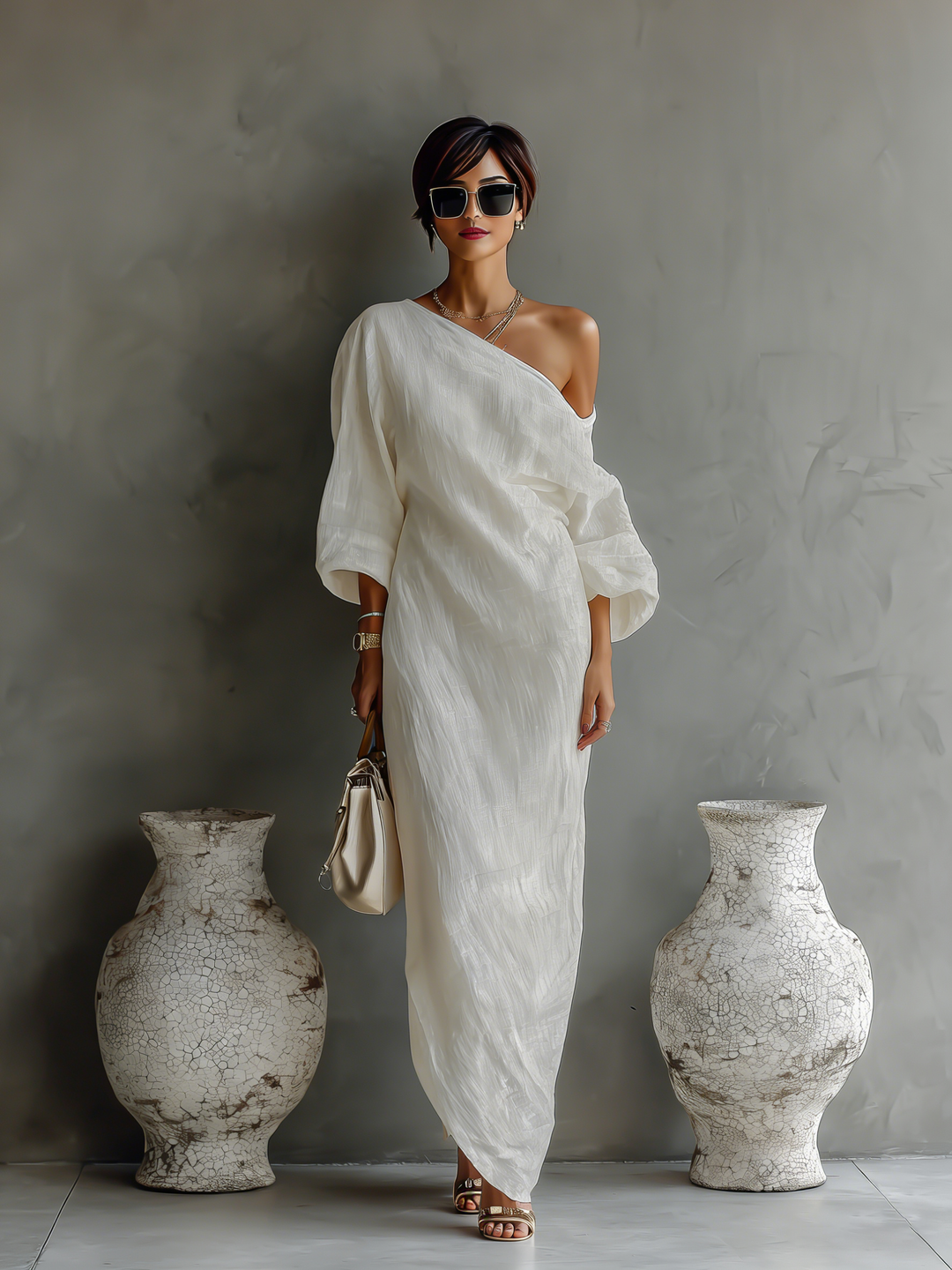 Sophia | White Linen One Shoulder Maxi Dress for Women