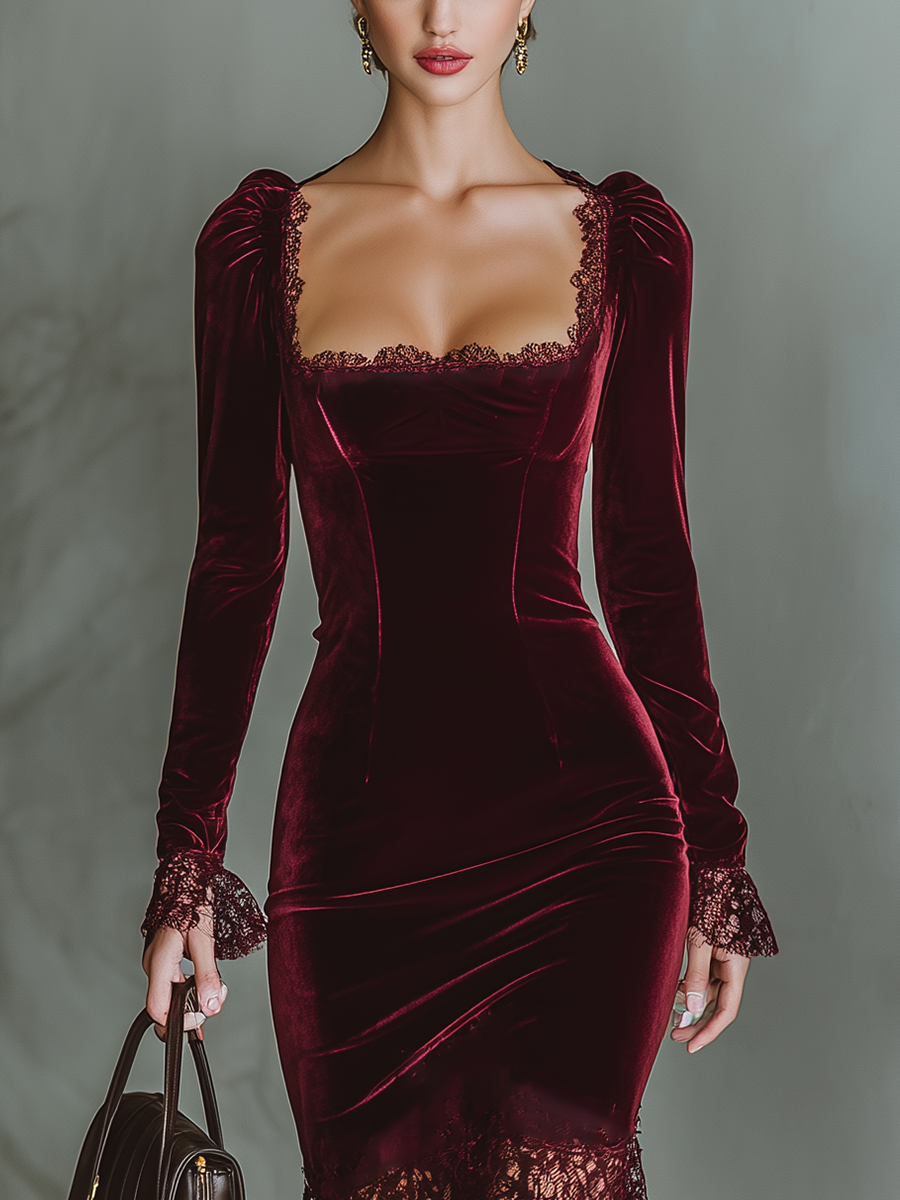 Scarlett | Velvet Square Neck Lace Trim Fitted Formal Maxi Dress