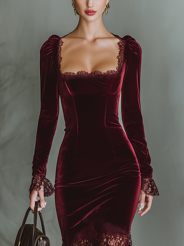 Scarlett | Velvet Square Neck Lace Trim Fitted Formal Maxi Dress
