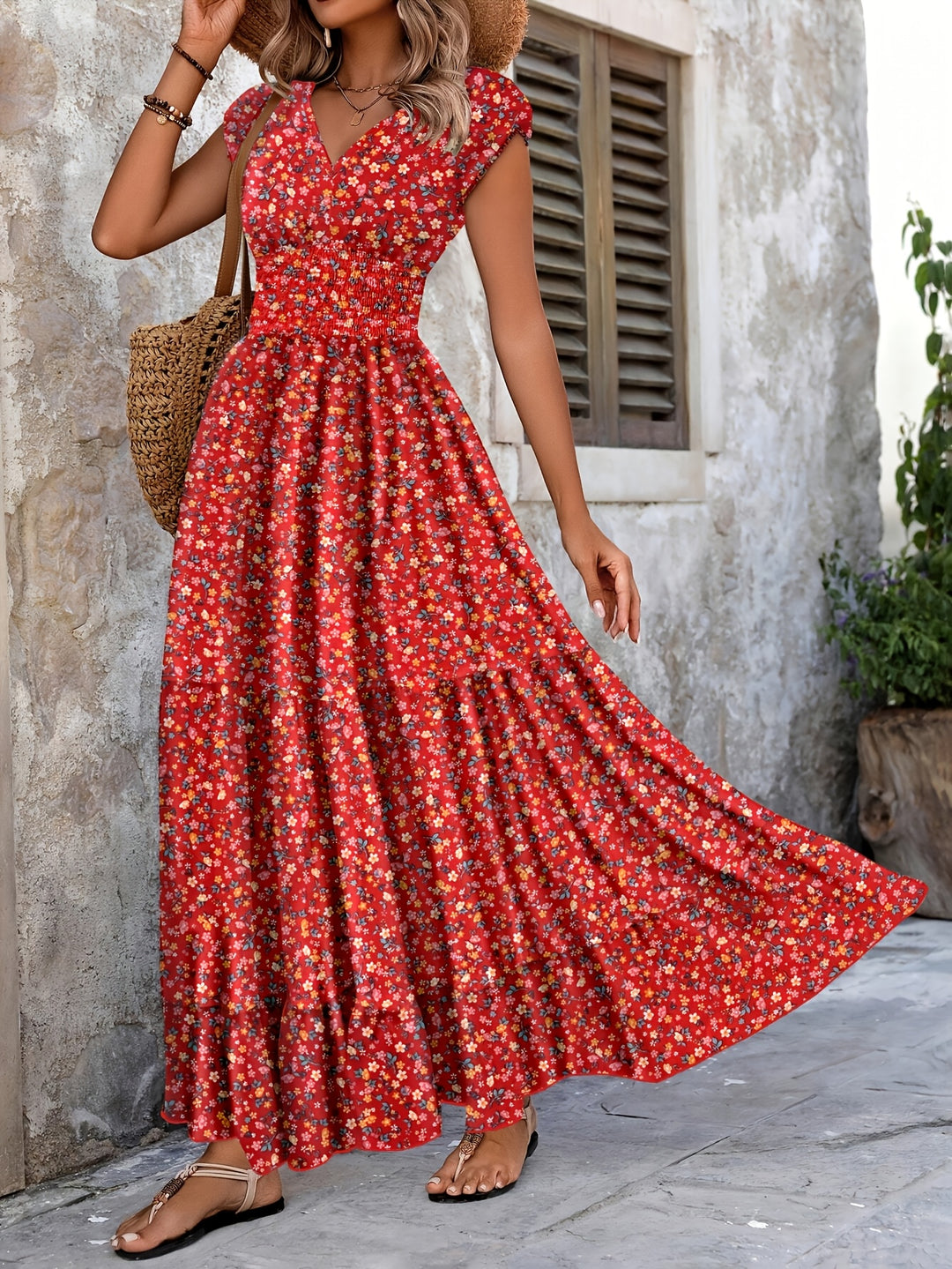 Women's Ditsy Floral Smocked Tiered Maxi Boho Dress