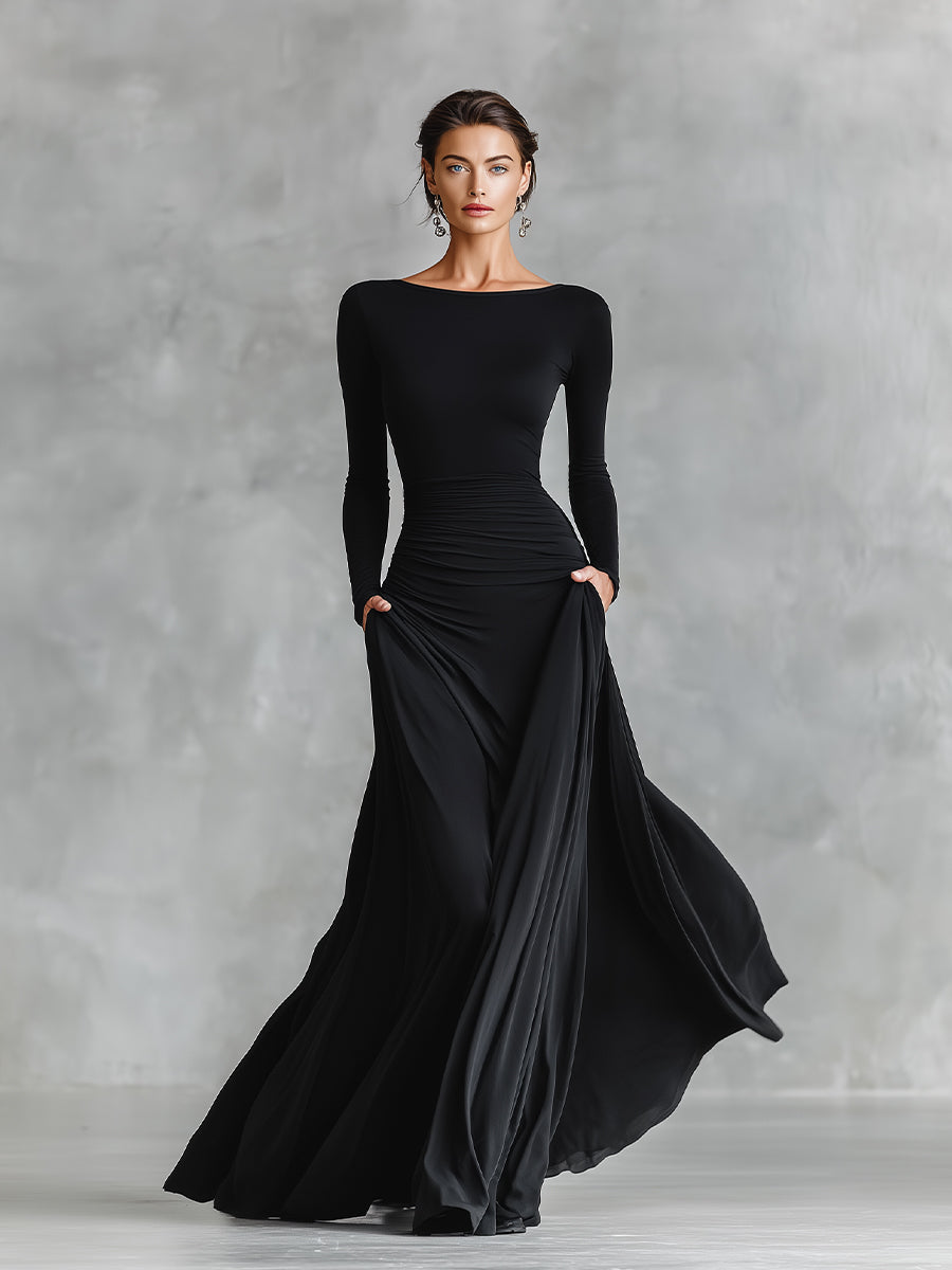 Naomi | Black Dress for Women Boat Neck Ruched Waist Long Sleeve Formal Maxi Style