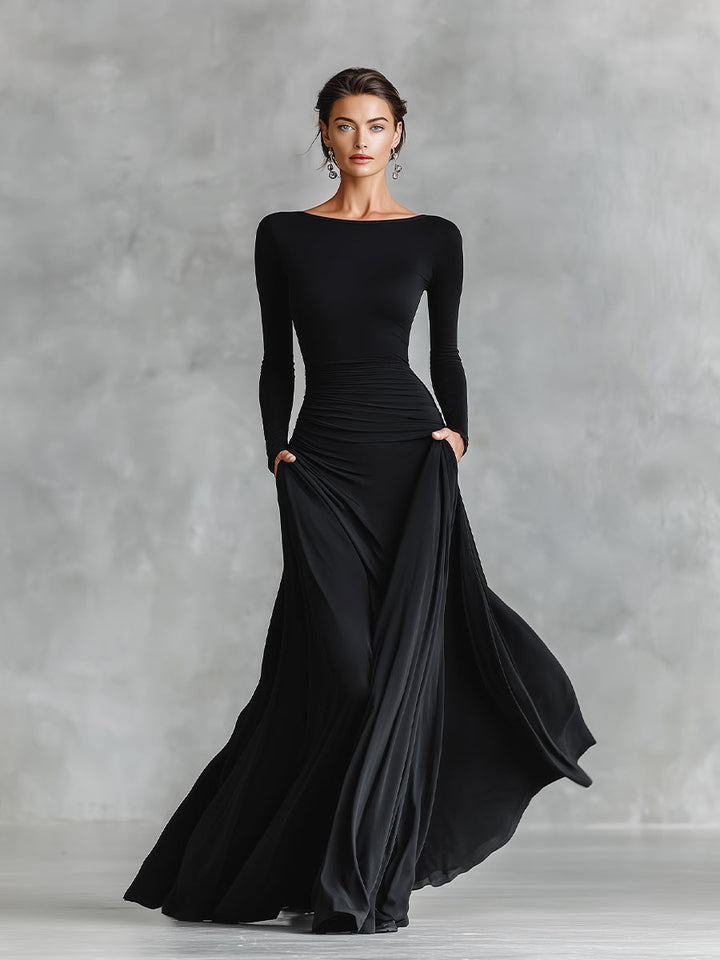Naomi | Black Dress for Women Boat Neck Ruched Waist Long Sleeve Formal Maxi Style