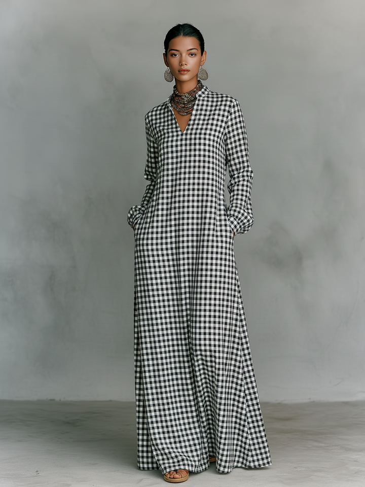 Paige | Black White Gingham V Neck Oversized Casual Maxi Dress