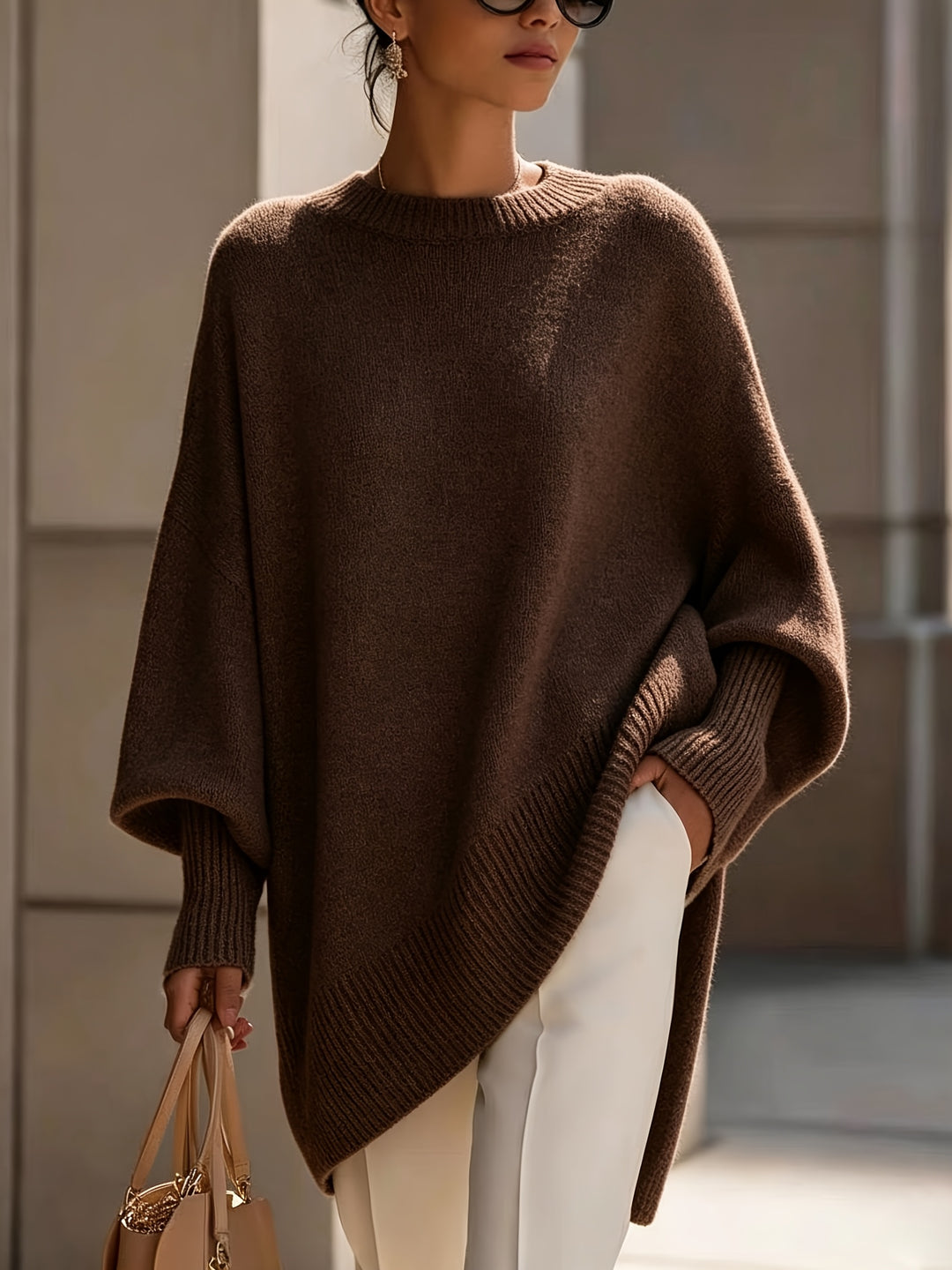 French-style Relaxed Silhouette Top, Irregular Slanted Hem Loose Lantern Sleeve Sweater, Gentle and Elegant Loose Fit That Is, Urban Casual Style