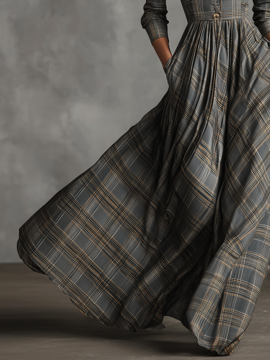 Fiona | Tartan Plaid Lapel Button Waist Flared Maxi Dress for Women