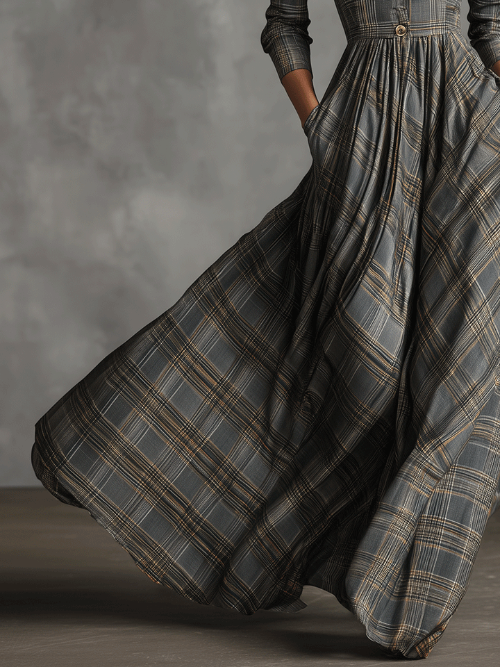 Fiona | Tartan Plaid Lapel Button Waist Flared Maxi Dress for Women