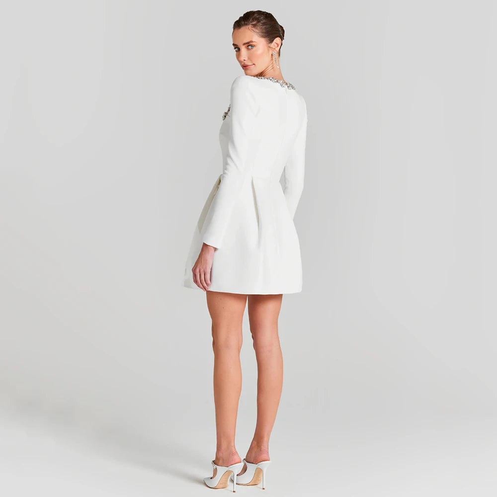 Elegant Velvet Mini Cocktail Dress for Women with Square Neckline Beaded Trim Long Sleeve Flared Skirt