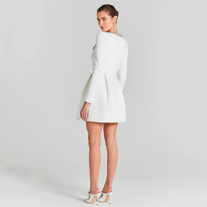 Elegant Velvet Mini Cocktail Dress for Women with Square Neckline Beaded Trim Long Sleeve Flared Skirt