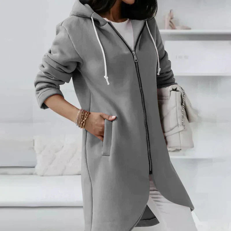 Comfortable Longline Zip Up Hoodie for Women with Drawstring Hood Fleece Lined Pocket Casual Style