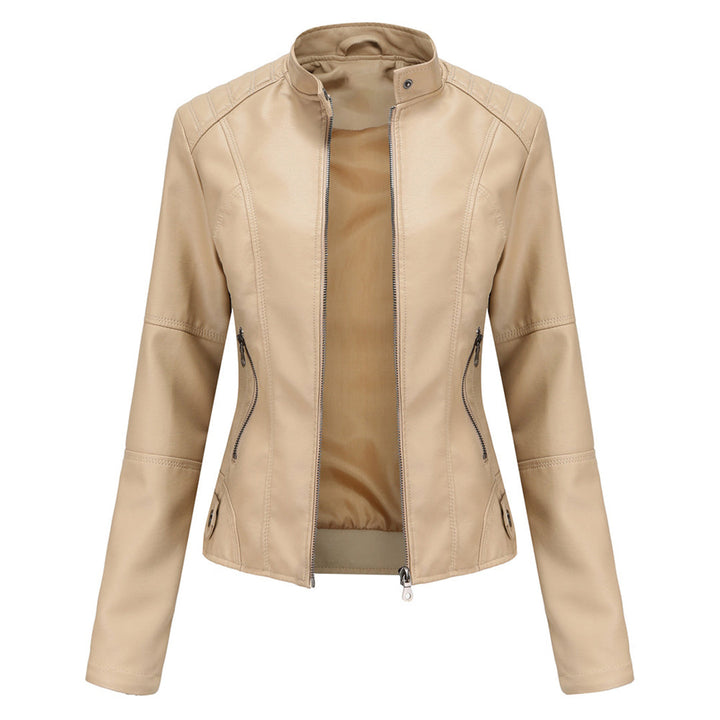 Effortless Faux Leather Biker Jacket for Women with Stand Collar Long Sleeve Cropped Zip Front Style