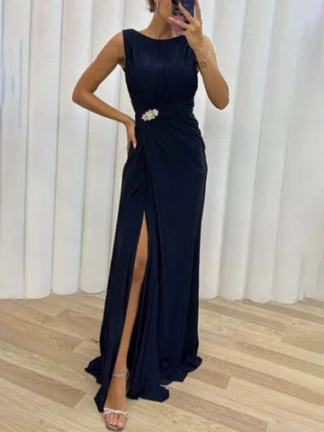 Elegant Satin Maxi Dress for Women with One Shoulder Ruched Waist High Slit Formal Wedding Guest Style