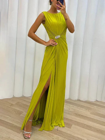 Elegant Satin Maxi Dress for Women with One Shoulder Ruched Waist High Slit Formal Wedding Guest Style