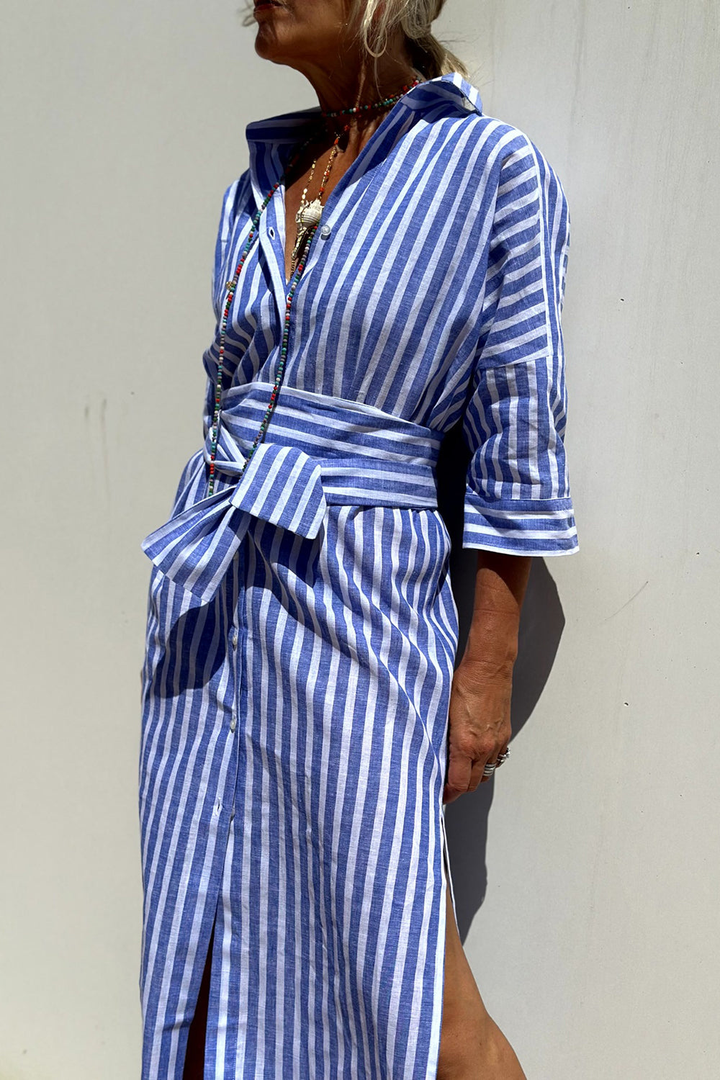 Petra | Linen Striped Collared Button Down Elbow Sleeve Midi Dress