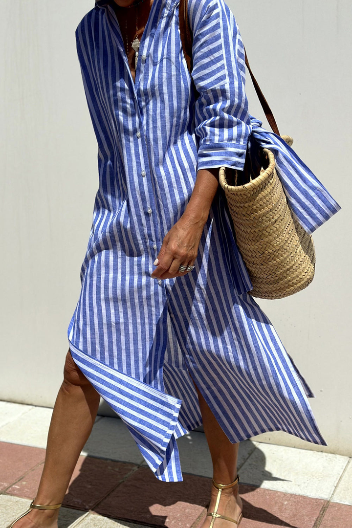 Petra | Linen Striped Collared Button Down Elbow Sleeve Midi Dress