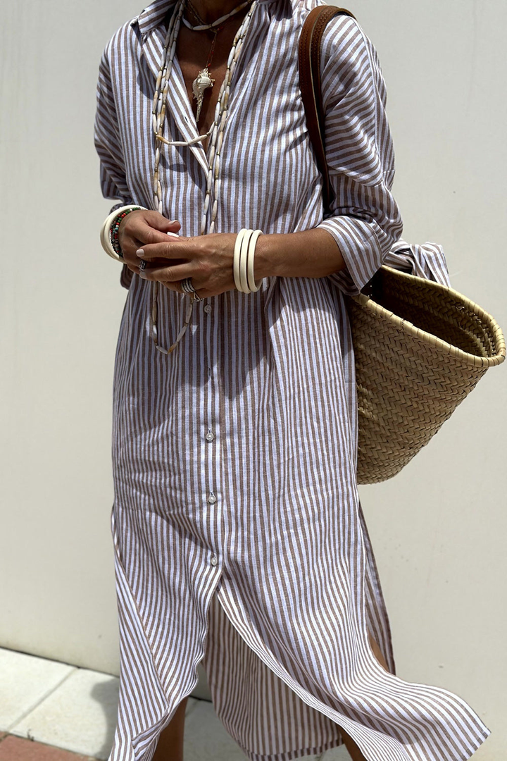 Petra | Linen Striped Collared Button Down Elbow Sleeve Midi Dress