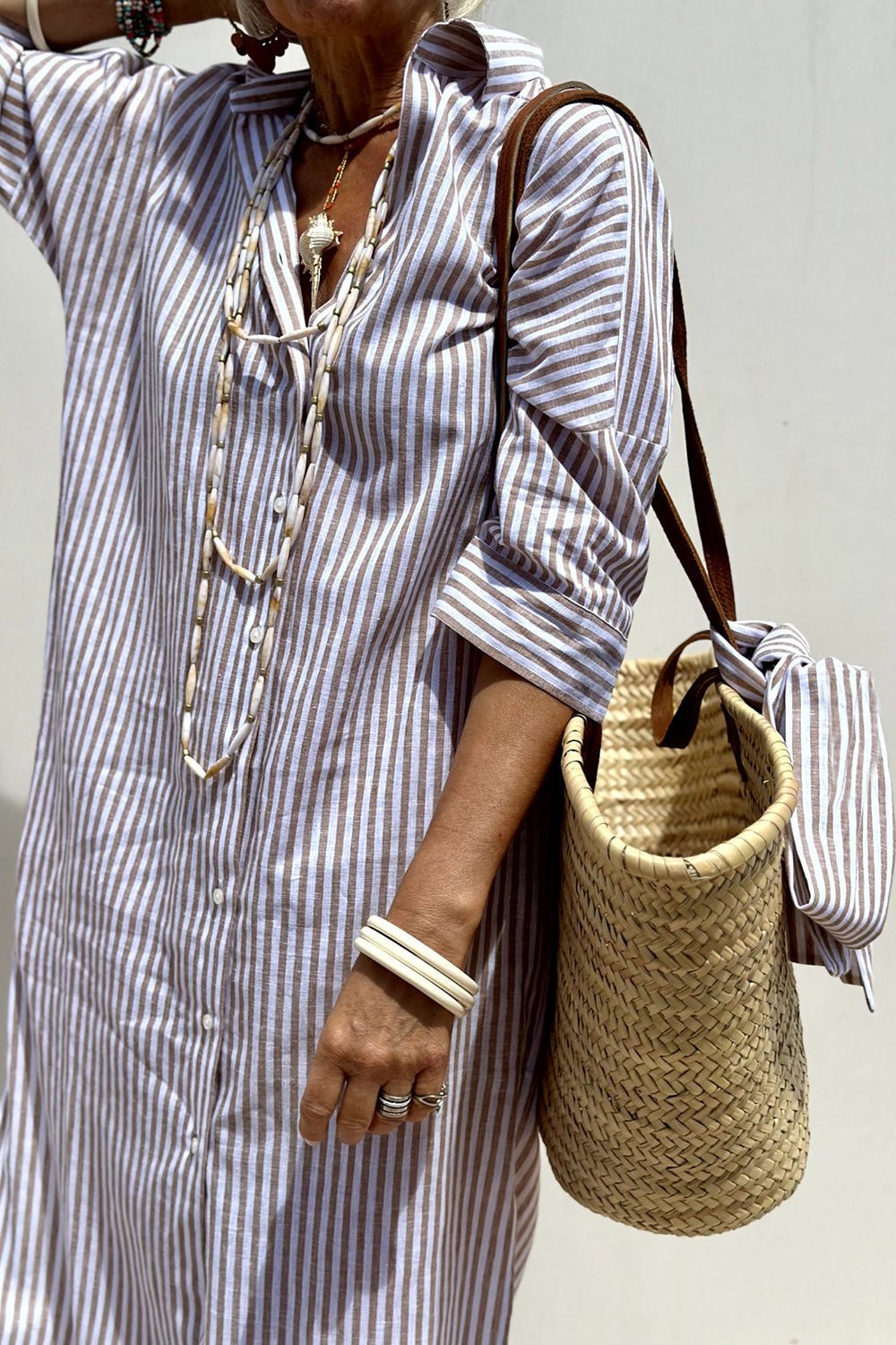 Petra | Linen Striped Collared Button Down Elbow Sleeve Midi Dress
