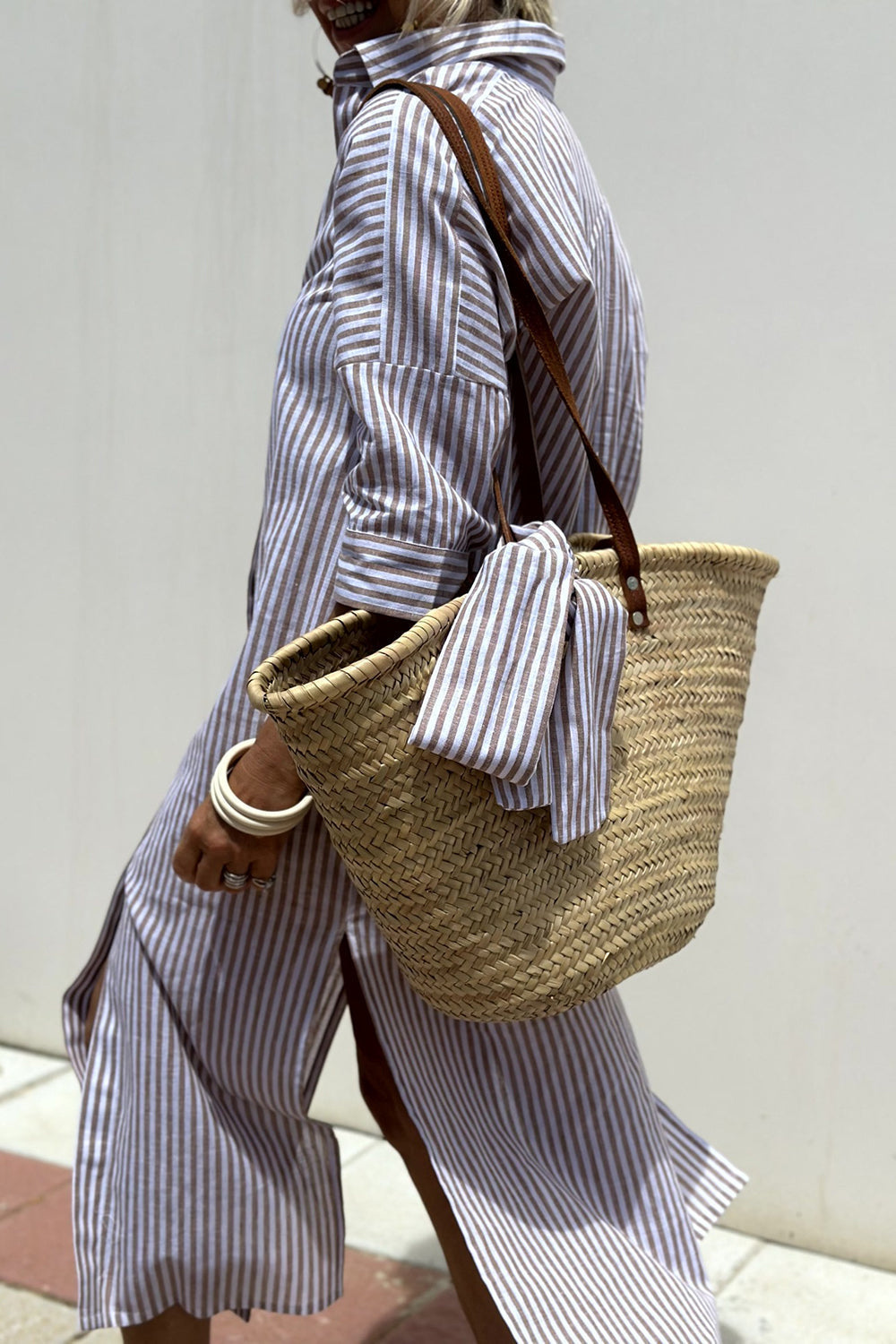 Petra | Linen Striped Collared Button Down Elbow Sleeve Midi Dress