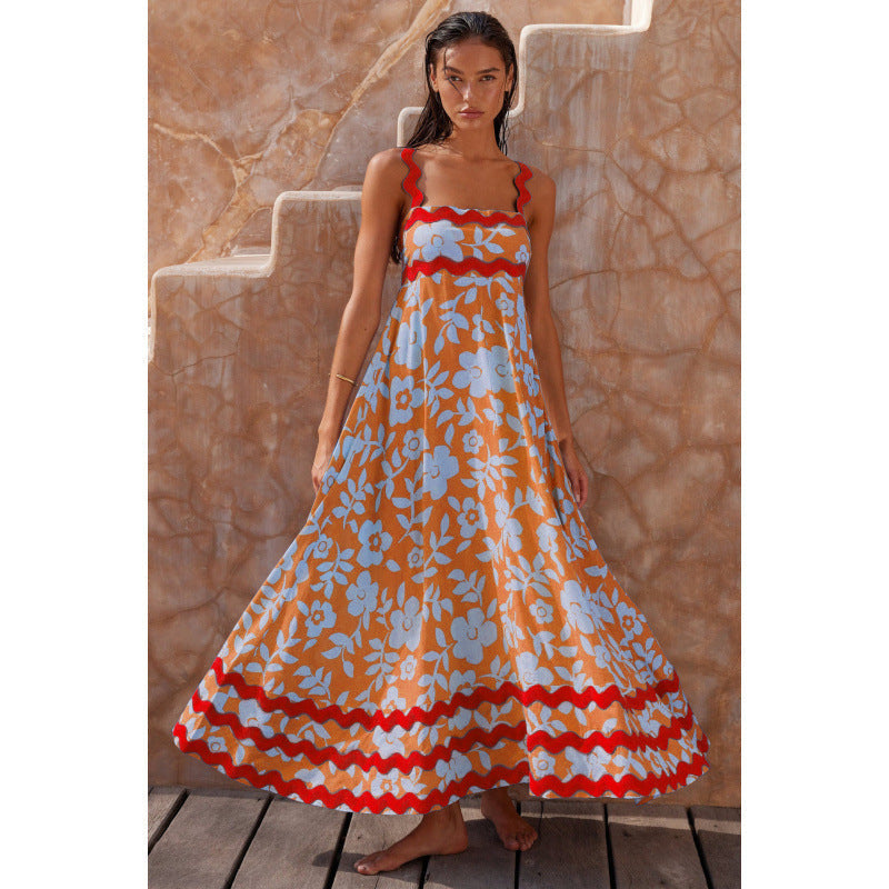 Effortless Boho Maxi Dress for Women with Square Neck Smocked Bodice Ric Rac Trim Tiered Style