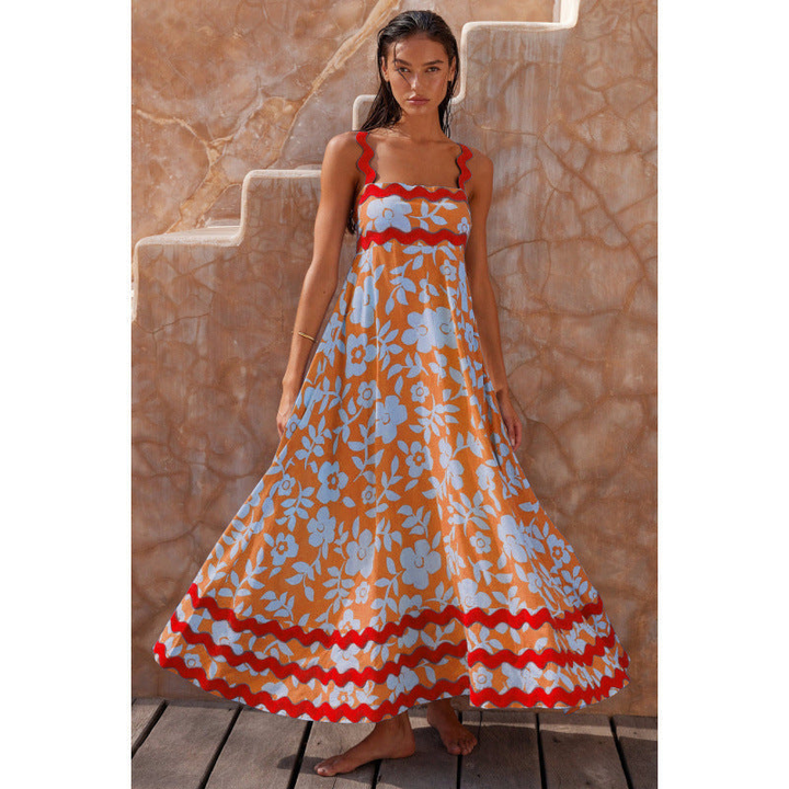 Effortless Boho Maxi Dress for Women with Square Neck Smocked Bodice Ric Rac Trim Tiered Style