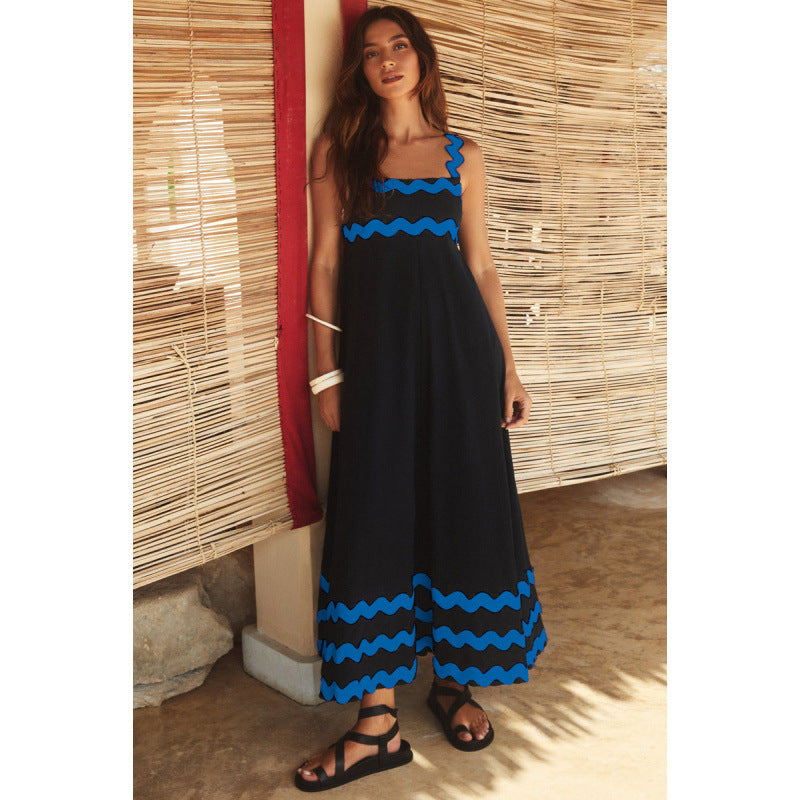 Effortless Boho Maxi Dress for Women with Square Neck Smocked Bodice Ric Rac Trim Tiered Style