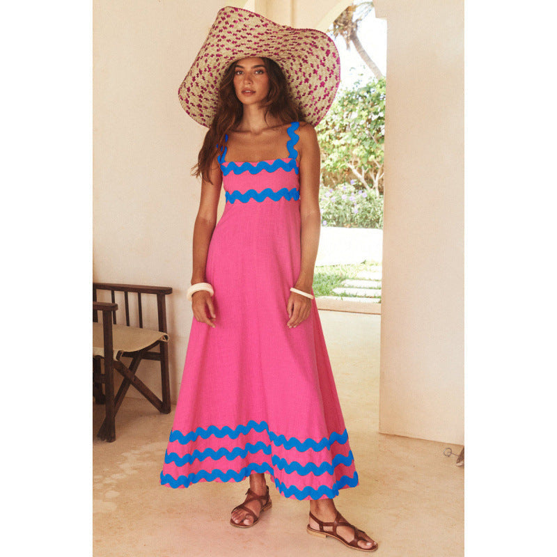 Effortless Boho Maxi Dress for Women with Square Neck Smocked Bodice Ric Rac Trim Tiered Style