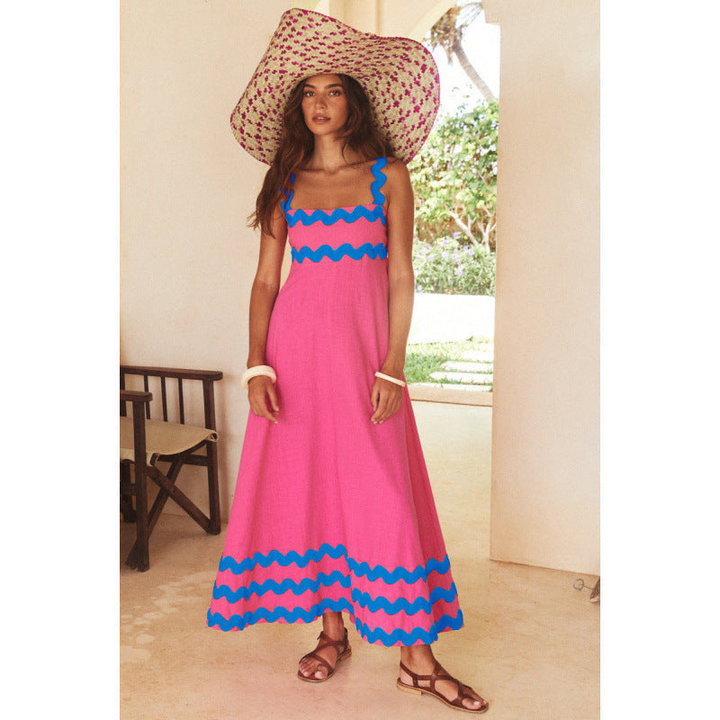 Effortless Boho Maxi Dress for Women with Square Neck Smocked Bodice Ric Rac Trim Tiered Style
