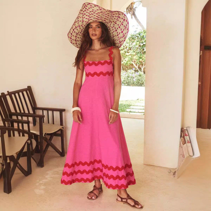 Effortless Boho Maxi Dress for Women with Square Neck Smocked Bodice Ric Rac Trim Tiered Style