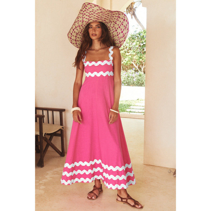 Effortless Boho Maxi Dress for Women with Square Neck Smocked Bodice Ric Rac Trim Tiered Style