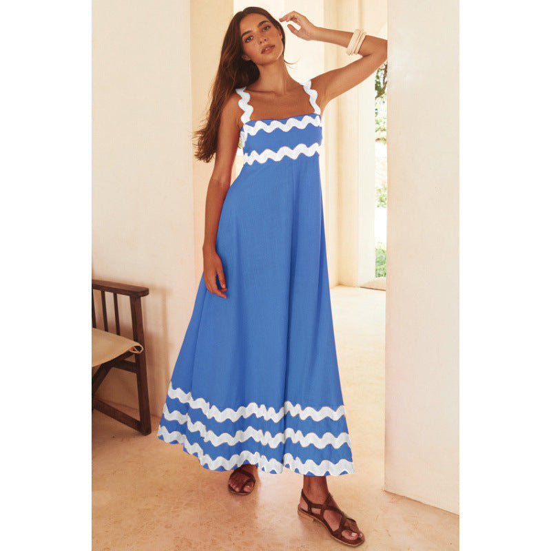 Effortless Boho Maxi Dress for Women with Square Neck Smocked Bodice Ric Rac Trim Tiered Style