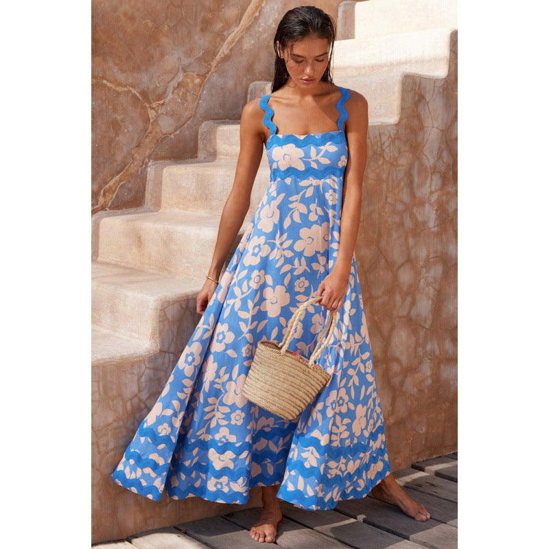 Effortless Boho Maxi Dress for Women with Square Neck Smocked Bodice Ric Rac Trim Tiered Style