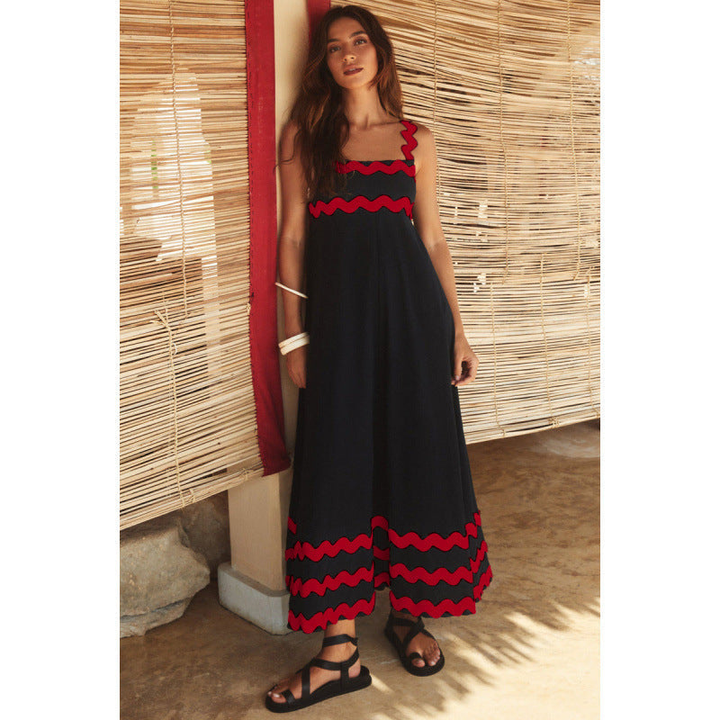 Effortless Boho Maxi Dress for Women with Square Neck Smocked Bodice Ric Rac Trim Tiered Style
