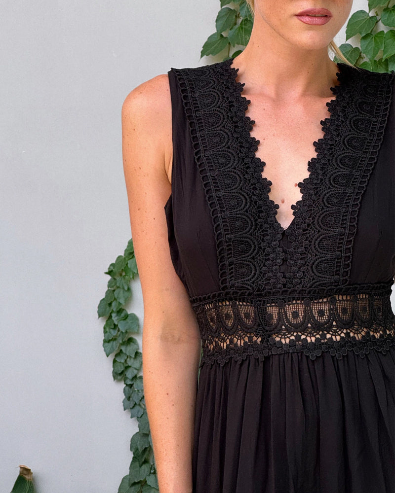 Vera | Cotton Lace Panel Tiered Deep V Neck Sleeveless Maxi Dress