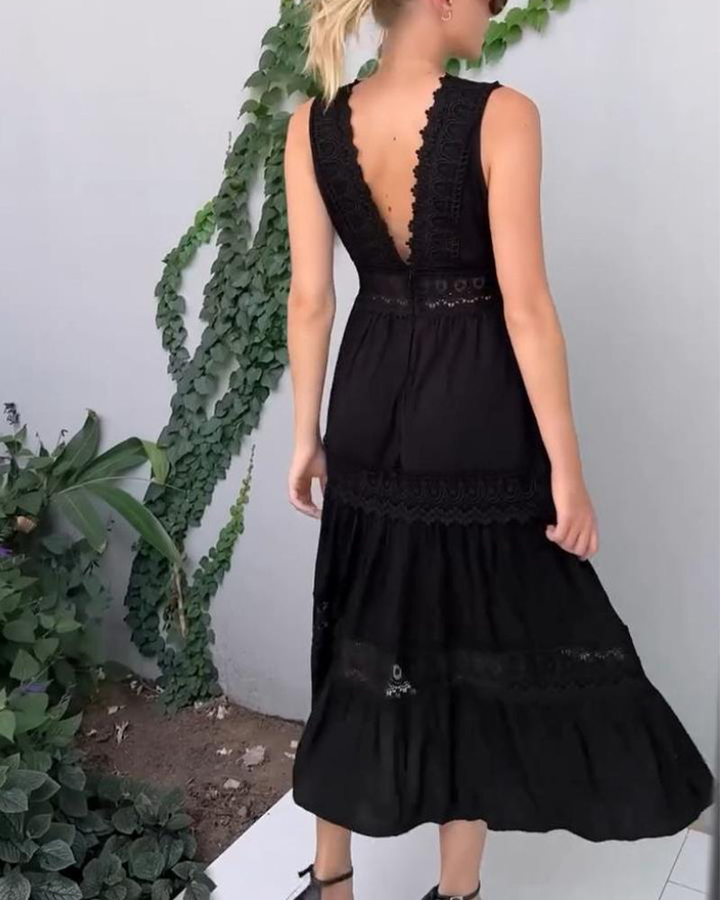 Vera | Cotton Lace Panel Tiered Deep V Neck Sleeveless Maxi Dress