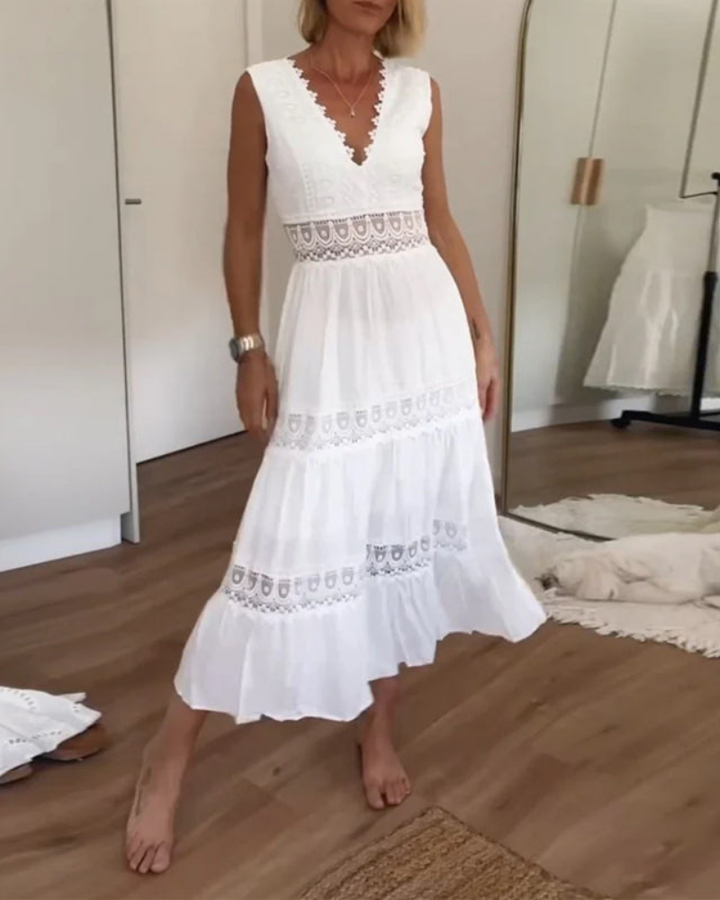 Vera | Cotton Lace Panel Tiered Deep V Neck Sleeveless Maxi Dress