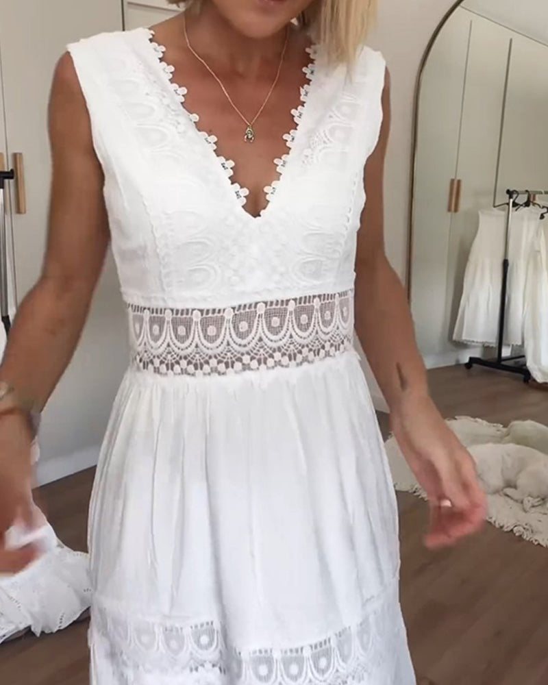 Vera | Cotton Lace Panel Tiered Deep V Neck Sleeveless Maxi Dress