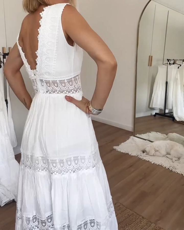 Vera | Cotton Lace Panel Tiered Deep V Neck Sleeveless Maxi Dress
