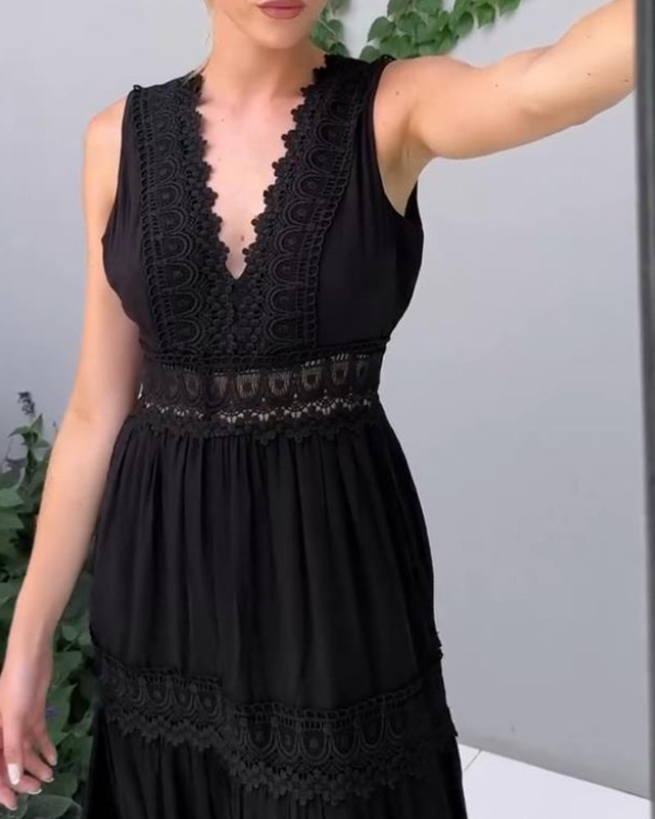 Vera | Cotton Lace Panel Tiered Deep V Neck Sleeveless Maxi Dress