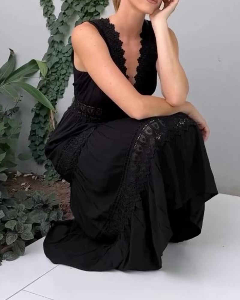 Vera | Cotton Lace Panel Tiered Deep V Neck Sleeveless Maxi Dress
