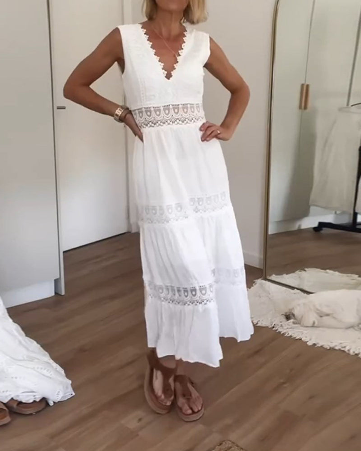 Vera | Cotton Lace Panel Tiered Deep V Neck Sleeveless Maxi Dress