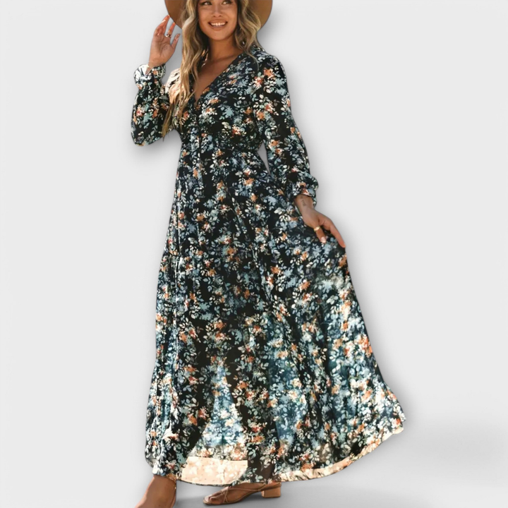 Effortless Floral Print Maxi Dress for Women with Surplice Neck Balloon Sleeve Ruffle Tiered Style