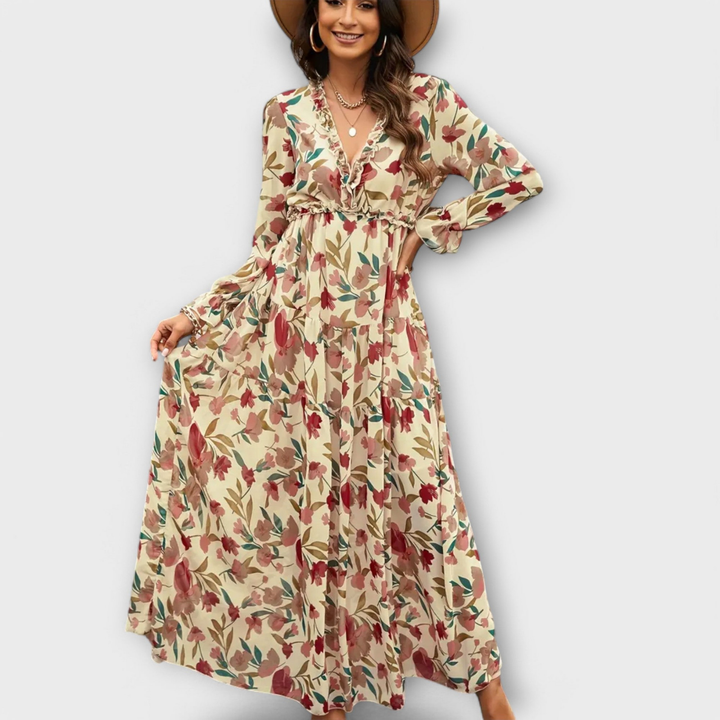 Effortless Floral Print Maxi Dress for Women with Surplice Neck Balloon Sleeve Ruffle Tiered Style