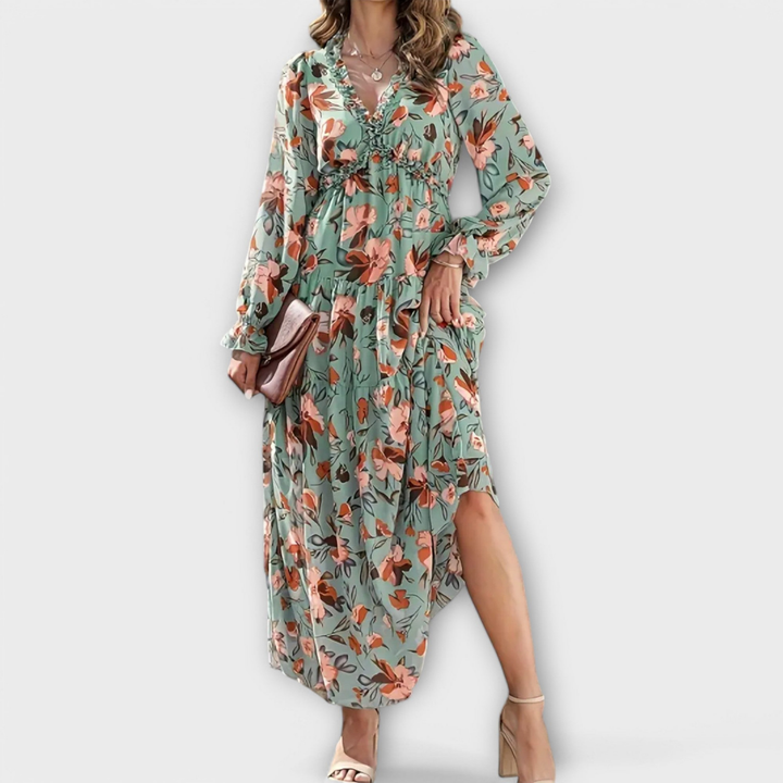 Effortless Floral Print Maxi Dress for Women with Surplice Neck Balloon Sleeve Ruffle Tiered Style