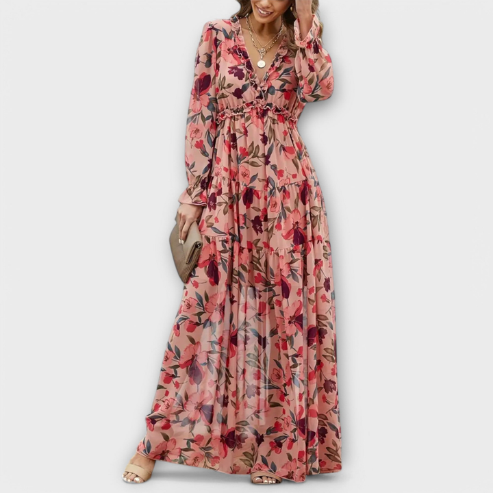 Effortless Floral Print Maxi Dress for Women with Surplice Neck Balloon Sleeve Ruffle Tiered Style