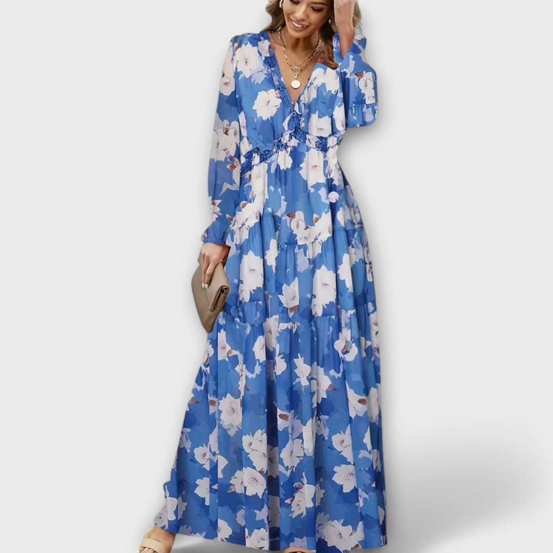 Effortless Floral Print Maxi Dress for Women with Surplice Neck Balloon Sleeve Ruffle Tiered Style