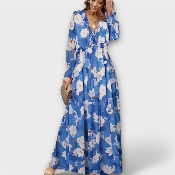 Effortless Floral Print Maxi Dress for Women with Surplice Neck Balloon Sleeve Ruffle Tiered Style