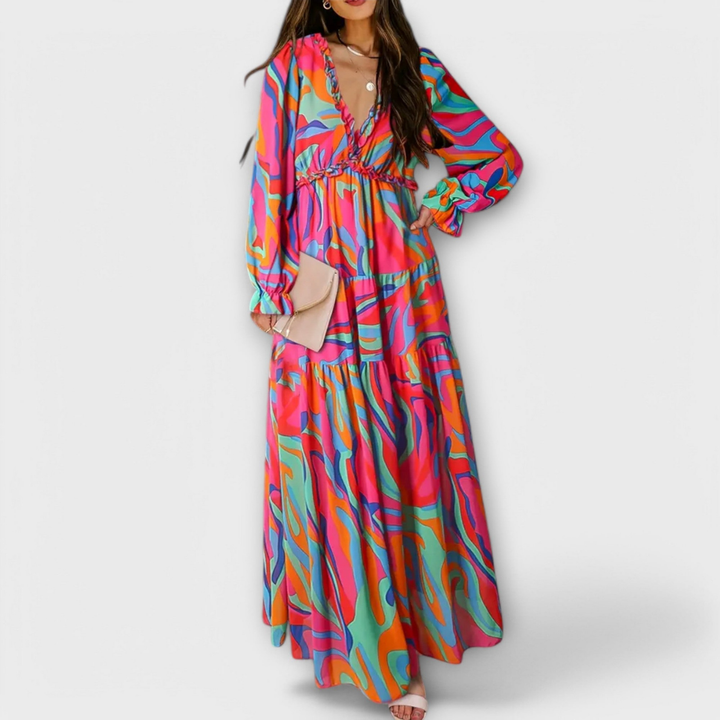 Effortless Floral Print Maxi Dress for Women with Surplice Neck Balloon Sleeve Ruffle Tiered Style